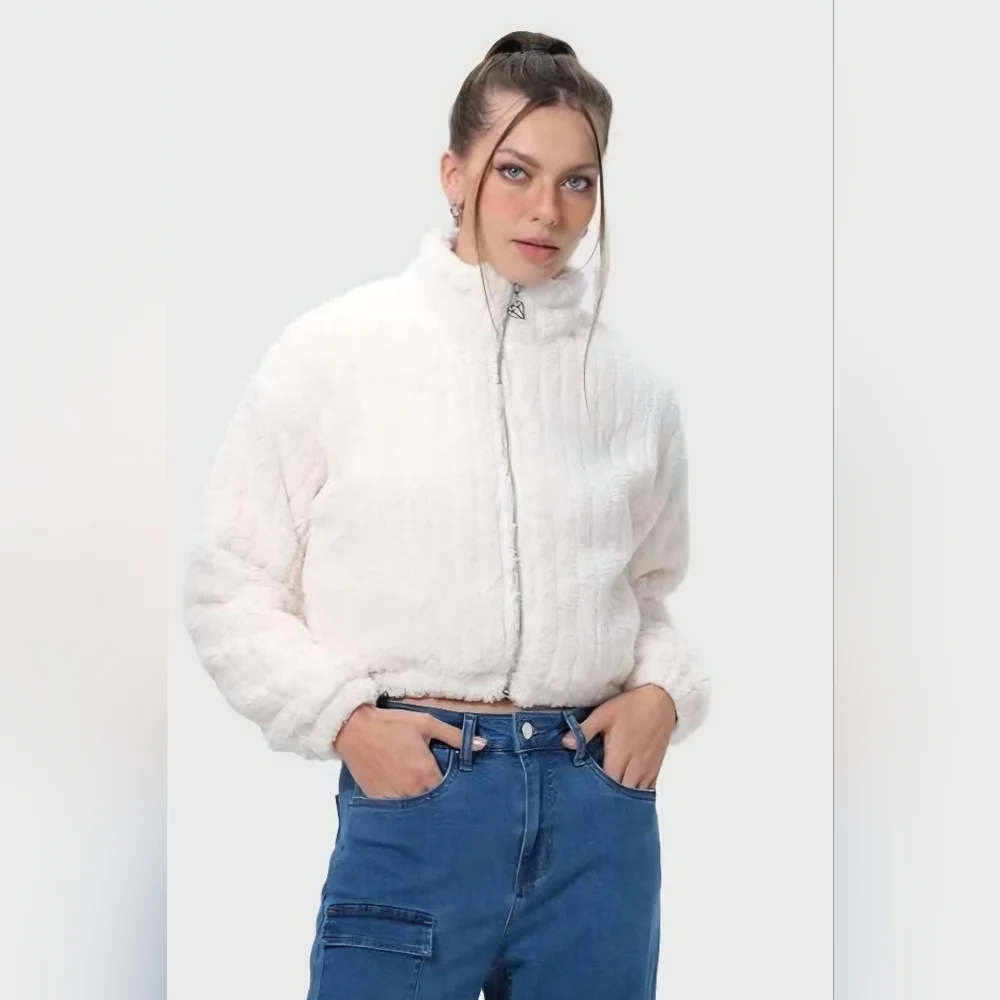 White Sherpa Fleece Zip Up Jacket | Cozy Teddy Jacket | Size L - Picture 4 of 5